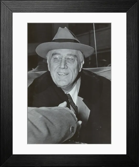 Framed Print : Franklin Roosevelt campaigns for a 4th term as President. Philadelphia. Oct. 27, 1944. FDR shakes a voter's hand from his car. (BSLOC_2013_5_148)