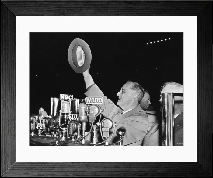 Framed Print : Franklin Roosevelt campaigns for a fourth term as President in Chicago. Oct. 28, 1944. He waves his hat to the crowd at Soldier's Field. (BSLOC_2013_5_149) Framed Print : Franklin Roosevelt campaigns for a fourth term as President in Chicago. Oct. 28, 1944. He waves his hat to the crowd at Soldier's Field. (BSLOC_2013_5_149)