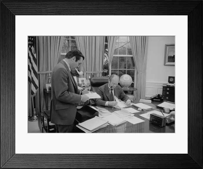 Framed Print : President Gerald Ford meeting with his Chief of Staff, Donald Rumsfeld. Feb. 6, 1975. (BSLOC_2015_14_59)