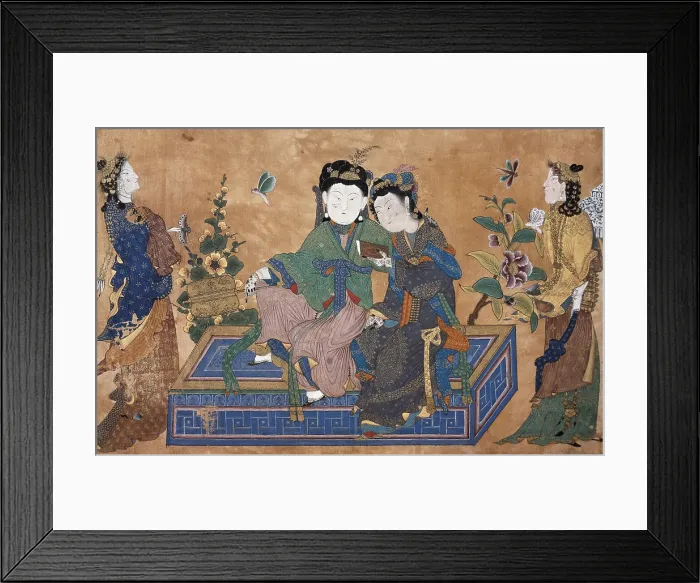 Framed Print : Young lady seated in a couch, surrounded by his servants. 15th c. Painting of Chinese influence. Ottoman art. Painting. TURKEY. Istanbul. Topkapi Saray Museum Istanbul