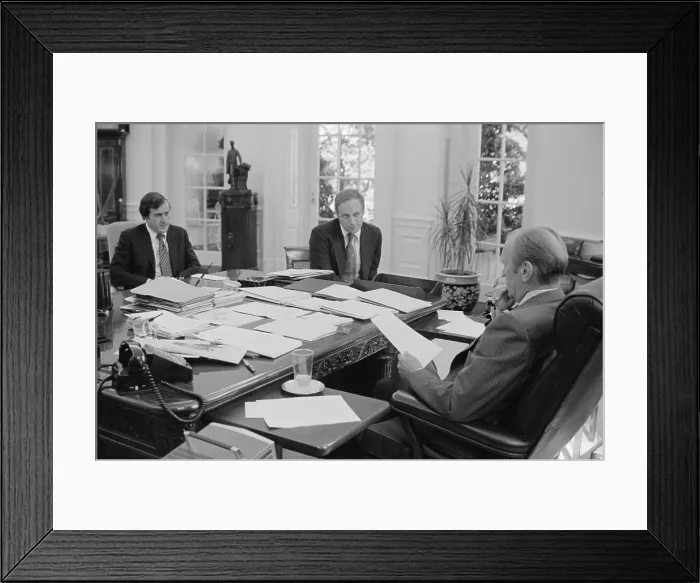 Framed Print : President Gerald Ford meeting with David Mathews(right) and Dick Cheney. Mathews was Secretary of HEW and Cheney was White House Chief of Staff. Sept. 22, 1976. (BSLOC_2015_14_60) Framed Print : President Gerald Ford meeting with David Mathews(right) and Dick Cheney. Mathews was Secretary of HEW and Cheney was White House Chief of Staff. Sept. 22, 1976. (BSLOC_2015_14_60)
