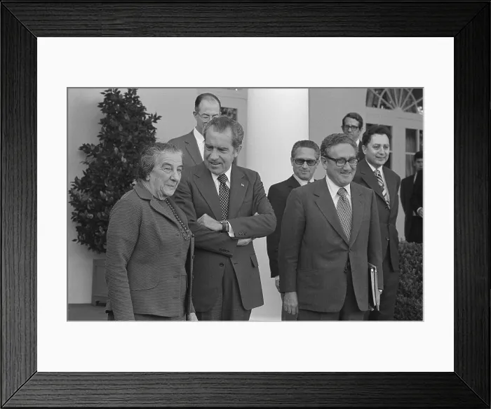 Framed Print : Israeli Prime Minister Golda Meir with President Richard Nixon and Henry Kissinger. Nov. 1, 1973 at the White House. (BSLOC_2015_14_49)