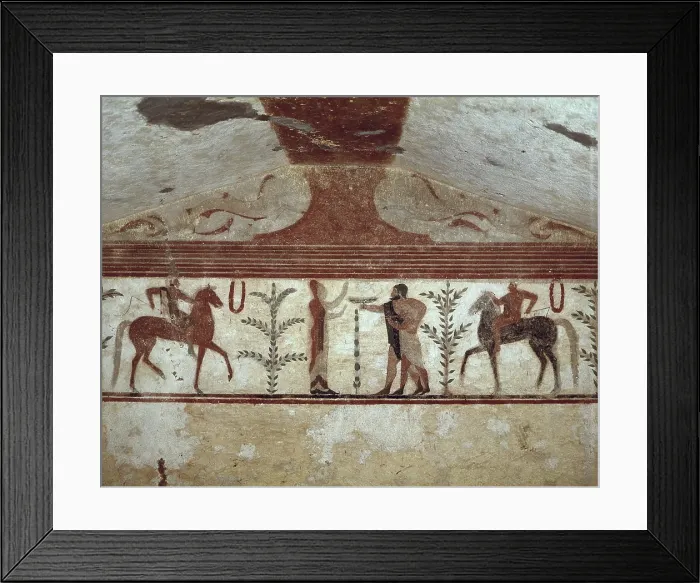 Framed Print : REYNOLDS, Sir Joshua (1723-1792). Tomb of the Baron. 510-500 B.C. ITALY. Tarquinia. Necropolis of Monterozzi. Fresco with riders and farewell of the Baron. Etruscan art