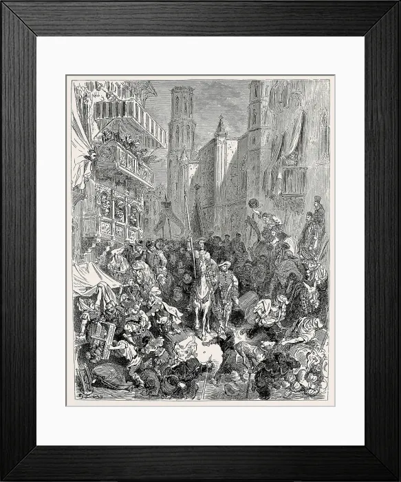 Framed Print : Dore, Paul Gustave (1832-1883). Don Quixote and Sancho, walking through the streets of a city (Barcelona). 1863