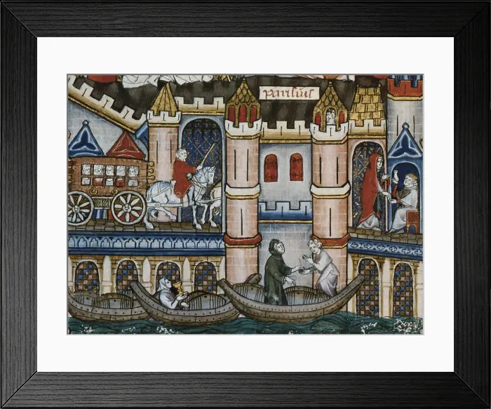 Framed Print : Scenes from 'Vie de St.Denis'. Saint Santin and Saint Antonino are called to write Saint Denis life. Page 125. Detail of Paris and the Seine at the bottom side Framed Print : Scenes from 'Vie de St.Denis'. Saint Santin and Saint Antonino are called to write Saint Denis life. Page 125. Detail of Paris and the Seine at the bottom side