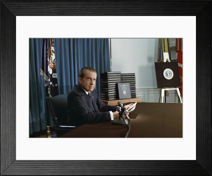 Framed Print : President Nixon before his televised address about releasing the transcripts of White House tapes. May 1, 1974.. (BSLOC_2015_14_53) Framed Print : President Nixon before his televised address about releasing the transcripts of White House tapes. May 1, 1974.. (BSLOC_2015_14_53)