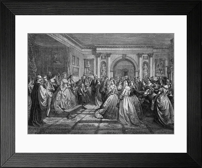 Framed Print : THE REPUBLICAN COURT, engraving after Daniel Huntingtons 1861 painting. Martha Washington presides on a raised platform at a reception, while the President mixes with guests