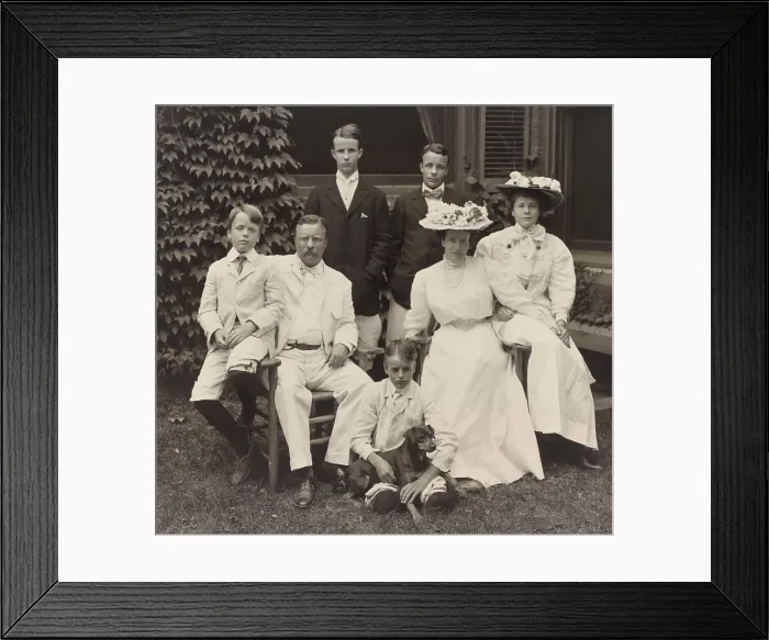 Framed Print : President Theodore Roosevelt with his family in August 1907. L-R: Archibald, the President, Kermit, Quentin (seated on grass), Theodore Jr. Edith, and Ethel (BSLOC_2016_14_84) Framed Print : President Theodore Roosevelt with his family in August 1907. L-R: Archibald, the President, Kermit, Quentin (seated on grass), Theodore Jr. Edith, and Ethel (BSLOC_2016_14_84)