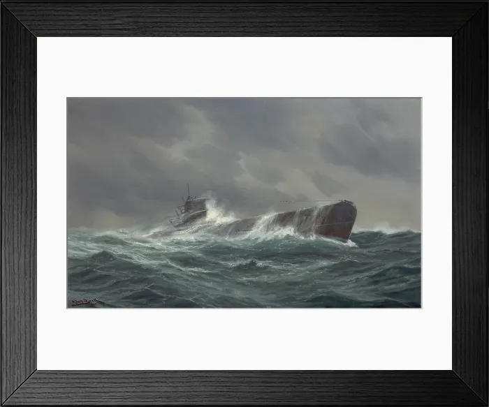 Framed Print : German World War 2 submarine at sea. 1943 painting by German marine artist Adolf Bock. (BSLOC_2013_11_105)