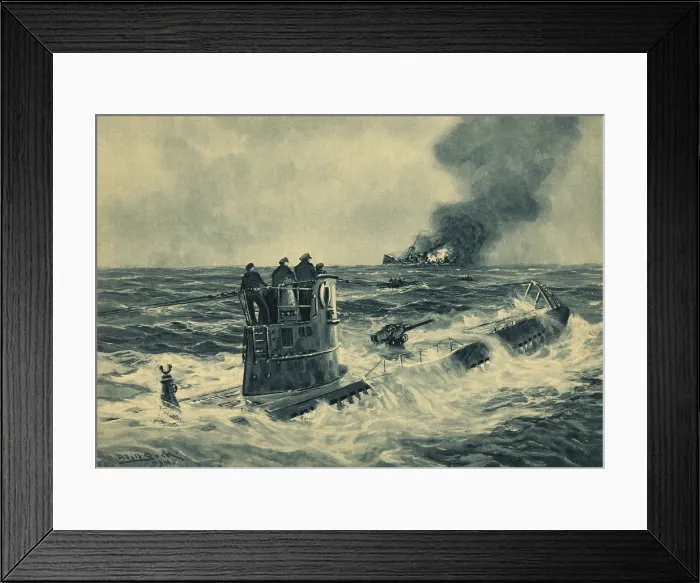Framed Print : German sailors standing on the conning tower of a U-boat after torpedoing a British cargo ship. Print of 1941 painting by German marine artist Adolf Bock during World War 2