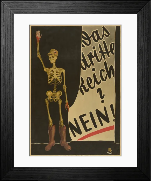 Framed Print : Anti-Nazi poster, ca. 1930 depicts skeleton with bloody hands, a hat with swastika on it, and boots that lace to the knee Framed Print : Anti-Nazi poster, ca. 1930 depicts skeleton with bloody hands, a hat with swastika on it, and boots that lace to the knee