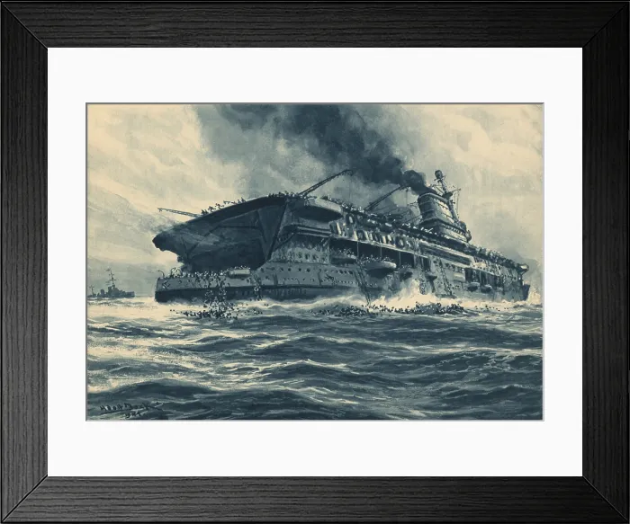 Framed Print : Sailors abandoning the HMS Courageous, after it was torpedoed by a German U-boat. The British aircraft carrier sank in 20 minutes with the loss of 519 of her crew Framed Print : Sailors abandoning the HMS Courageous, after it was torpedoed by a German U-boat. The British aircraft carrier sank in 20 minutes with the loss of 519 of her crew