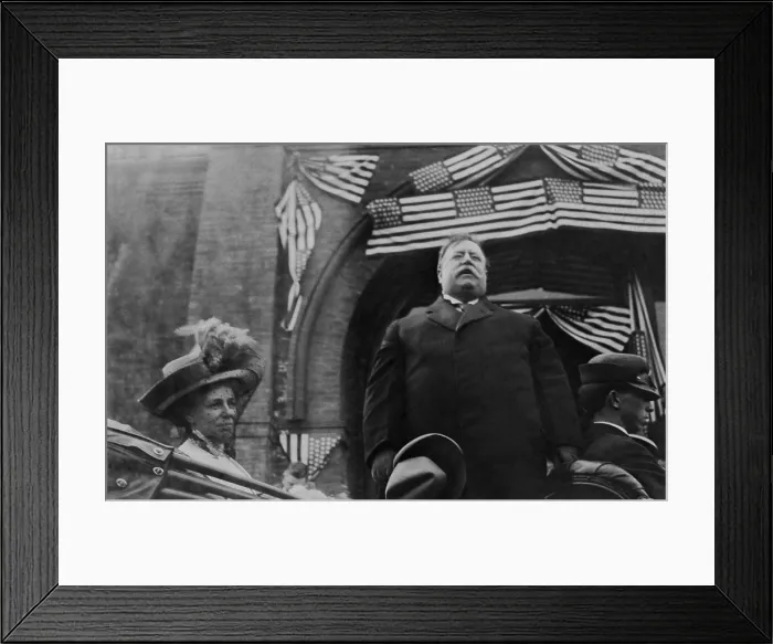 Framed Print : President William Howard Taft, speaking from an open car, with his wife Helen seated beside him. Postcard of 1910 (BSLOC_2016_14_95)
