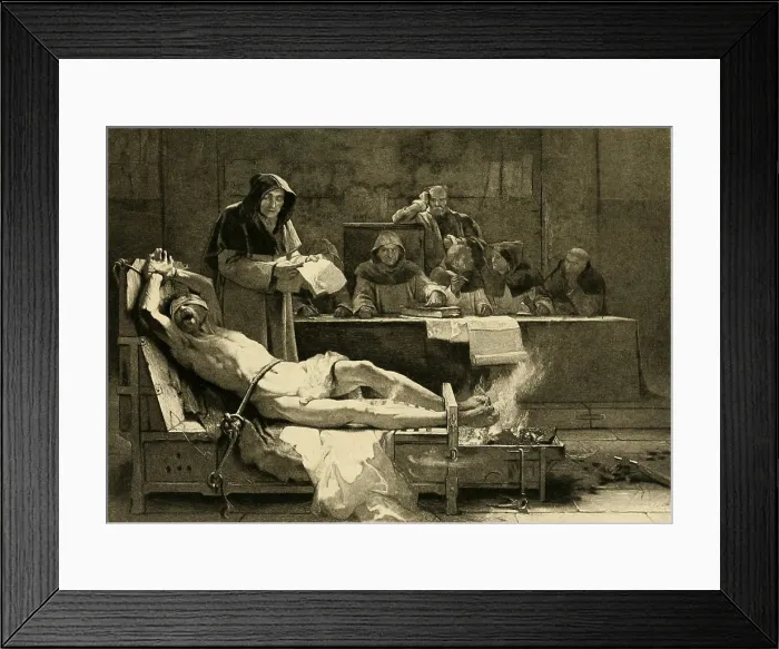 Framed Print : Victim of the Spanish Inquisition being tortured before a tribunal of the Spanish Inquisition Framed Print : Victim of the Spanish Inquisition being tortured before a tribunal of the Spanish Inquisition
