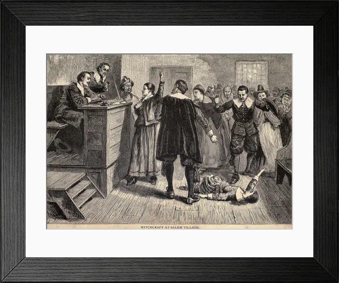 Framed Print : Salem Witch Trials. A women protests as one of her accusers, a young girl, appears to have convulsions Framed Print : Salem Witch Trials. A women protests as one of her accusers, a young girl, appears to have convulsions