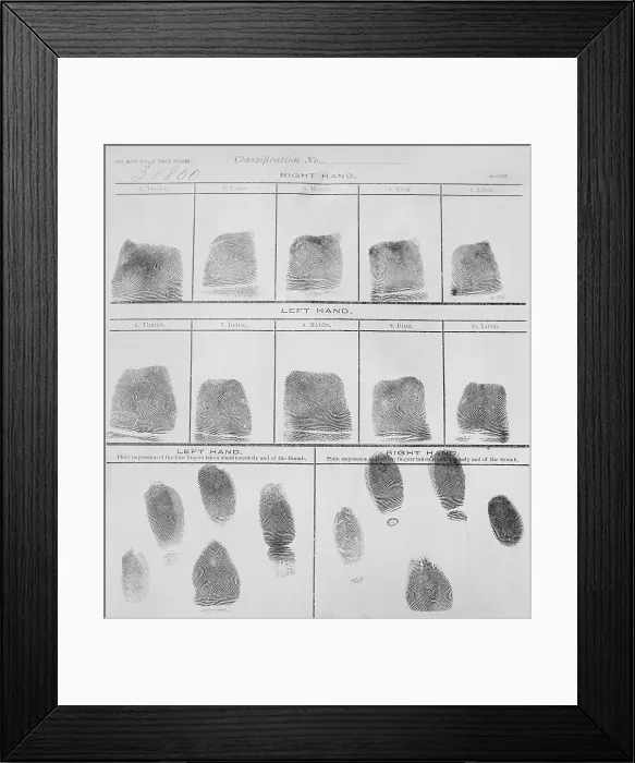 Framed Print : Fingerprint record sheet from the Navy Department in 1912. Fingerprints were introduced into police investigations in the early 20th century