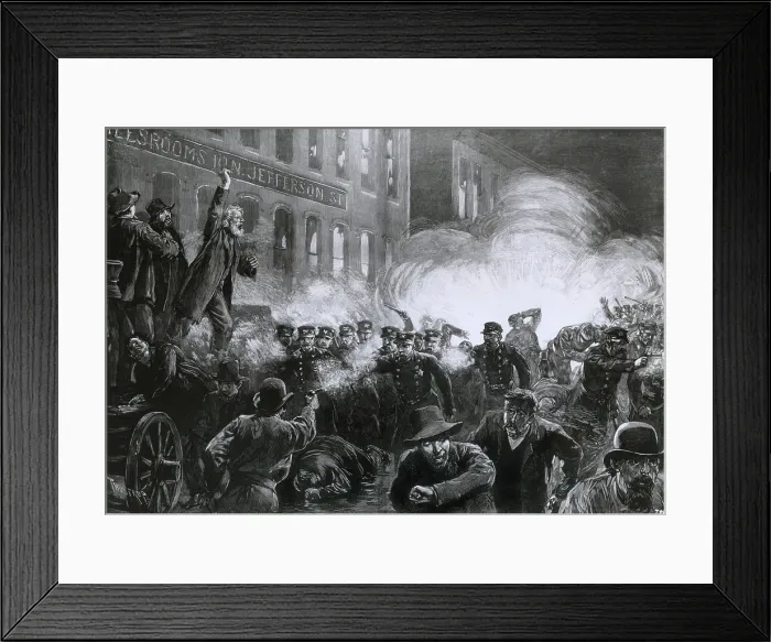 Framed Print : The Haymarket Riot, May 4, 1886, Chicago. Beginning as a strike rally, an unknown person threw a dynamite bomb that killed eight police and a number of civilians Framed Print : The Haymarket Riot, May 4, 1886, Chicago. Beginning as a strike rally, an unknown person threw a dynamite bomb that killed eight police and a number of civilians