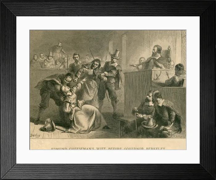 Framed Print : Bacon's Rebellion, Virginia 1677. Wife of Edmund Cheeseman faints as Governor Berkeley rejects her plea to spare her husband's life
