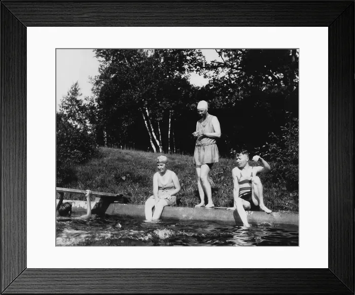 Framed Print : Eleanor Roosevelt and Missy LeHand swimming at Val-Kill in Hyde Park, NY. 1930. The young men are unidentified. (BSLOC_2013_5_203)