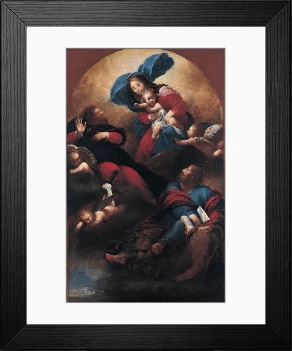 Framed Print : Mazzoni Sebastiano, Madonna and Child between Justice and St Mark, 17th Century, Tela, Italy, Friuli Venezia Giulia, Maniago, Udine, Villa Maniago