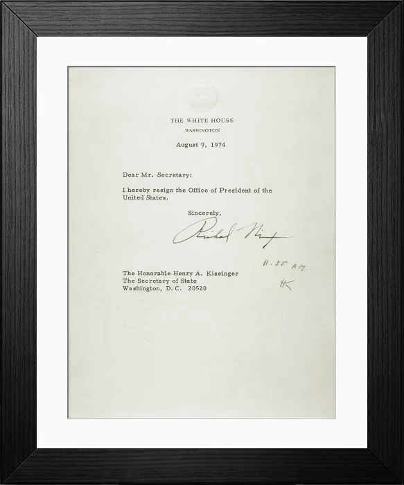 Framed Print : President Nixon's letter of resignation was addressed to Secretary of State Henry Kissinger. Aug. 9. 1974 Framed Print : President Nixon's letter of resignation was addressed to Secretary of State Henry Kissinger. Aug. 9. 1974