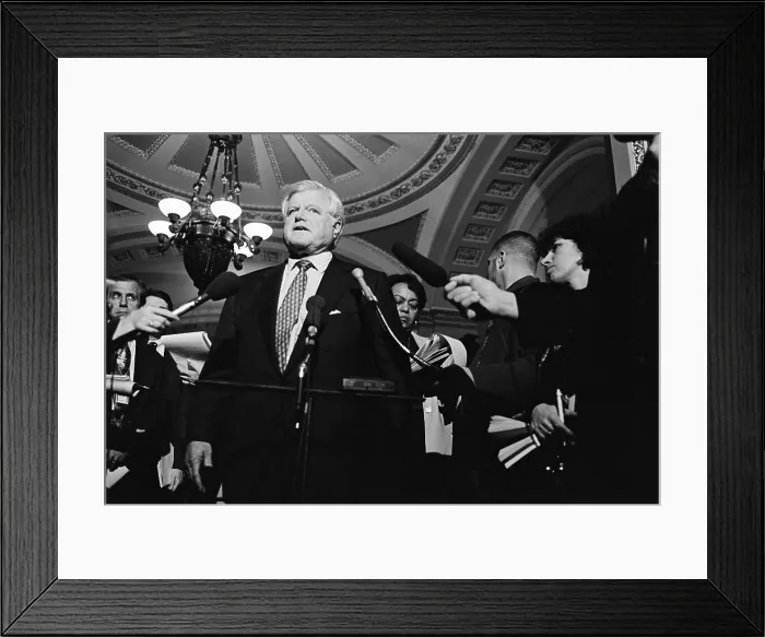 Framed Print : Senator Ted Kennedy speaks to reporters in the U.S. Capitol during Clinton Impeachment Trial. The trial started on Jan. 7, 1999, and ended with Clinton Acquittal on Feb. 12
