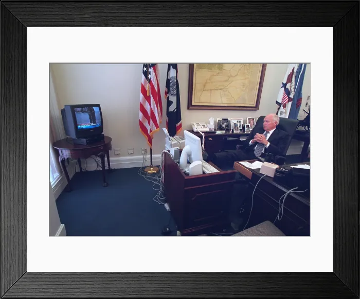 Framed Print : VP Dick Cheney watching the burning World Trade Center in a White House office on Sept. 11, 2001. (BSLOC_2015_14_88) Framed Print : VP Dick Cheney watching the burning World Trade Center in a White House office on Sept. 11, 2001. (BSLOC_2015_14_88)