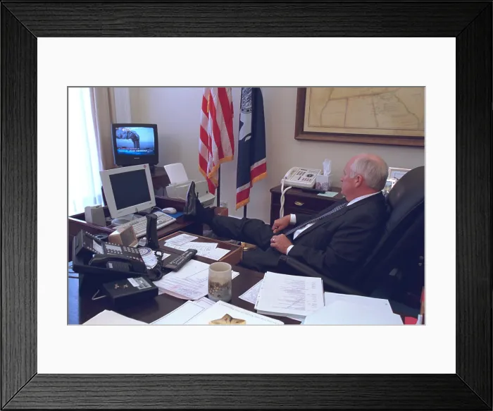 Framed Print : VP Dick Cheney watching the burning World Trade Center in a White House office on Sept. 11, 2001. (BSLOC_2015_14_89) Framed Print : VP Dick Cheney watching the burning World Trade Center in a White House office on Sept. 11, 2001. (BSLOC_2015_14_89)