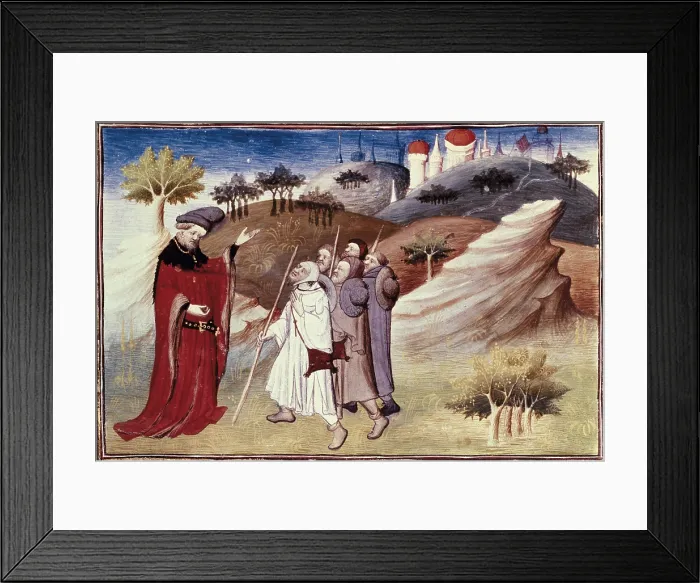 Framed Print : Polo, Marco (1254-1324). Venetian traveller. 'The Book of World Wonders', manuscript edition in French (14th c.). Pilgrims. Description of the World. s.XIV. Gothic art