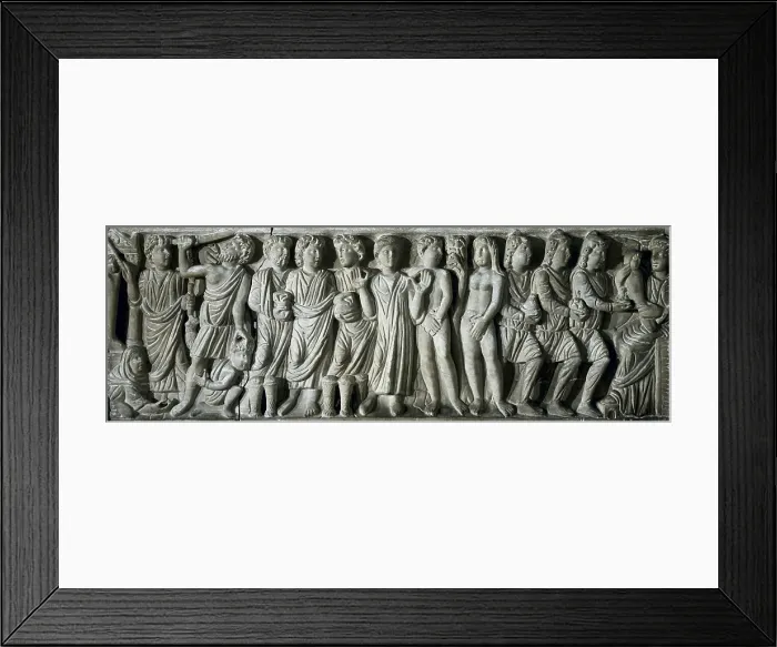 Framed Print : Frieze. Constatine's period. 4th c. The front part of the sarcofagus. An orator at the center of the frieze