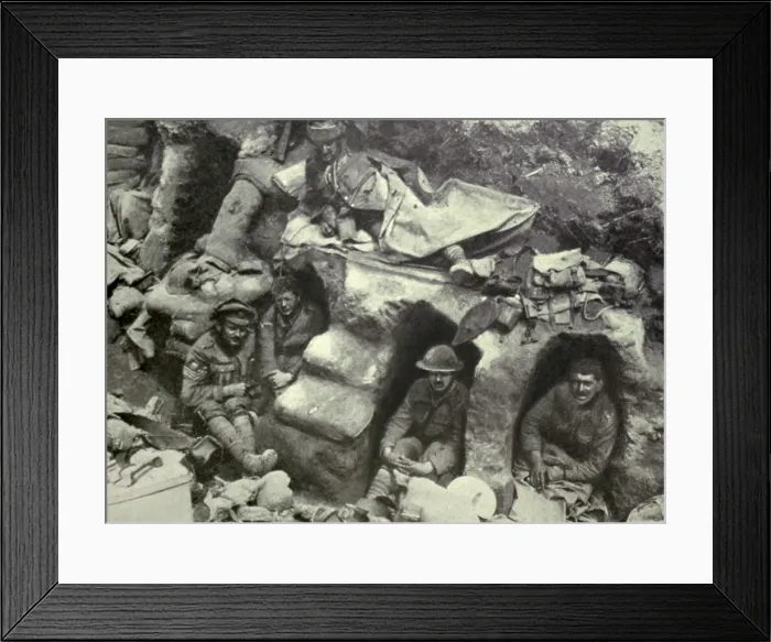 Framed Print : World War 1. Somme Offensive. Soldiers of the Border Regiment resting in shallow dugouts near Thiepval Wood. August 1916. (BSLOC_2013_1_136)
