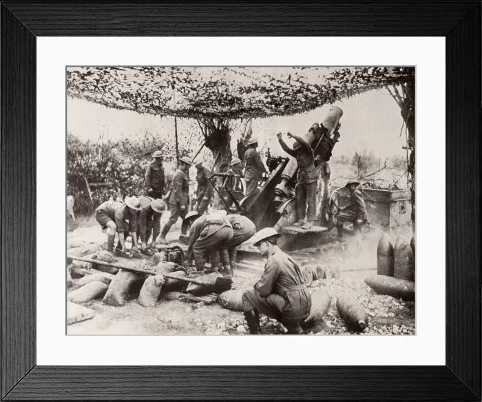 Framed Print : World War 1. Australians firing a 9.2 inch Howitzer out of the Ypres salient during the Battle of Passchendaele. I threw a 380 lb. shell up to 26, 000 yards (14.7 miles) Framed Print : World War 1. Australians firing a 9.2 inch Howitzer out of the Ypres salient during the Battle of Passchendaele. I threw a 380 lb. shell up to 26, 000 yards (14.7 miles)