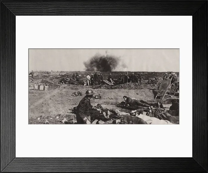 Framed Print : World War 1. The bursting of a Jack Johnson 40 cm shell just beyond a Canadian field dressing station on the Western Front Framed Print : World War 1. The bursting of a Jack Johnson 40 cm shell just beyond a Canadian field dressing station on the Western Front
