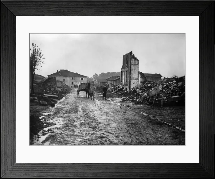 Framed Print : World War 1. A French couple lead their horse and wagon through the ruins of the village of Albert