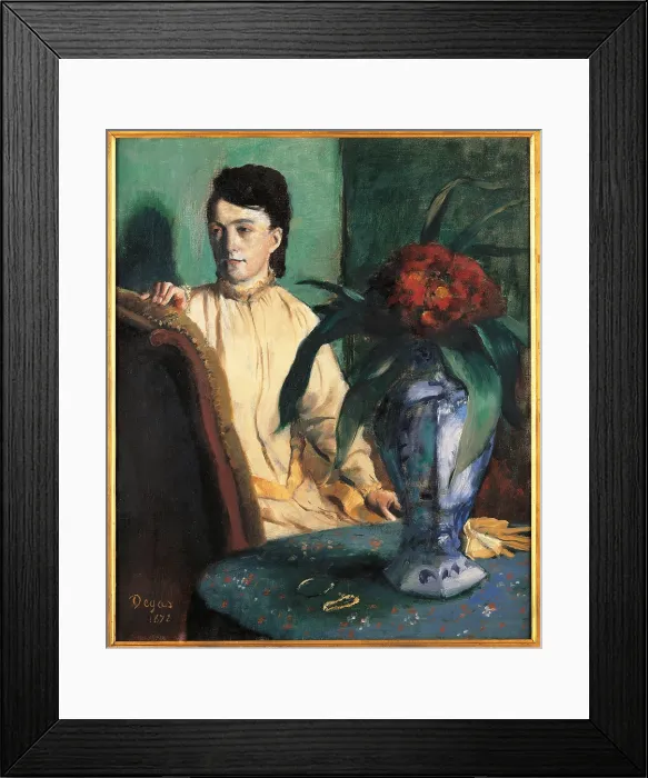 Framed Print : A Woman Seated beside a Vase of Flowers, by Edgar Degas, 1872, 19th Century, oil on canvas, cm 65 x 54 - France, Ile de France, Paris, Muse dOrsay. All
