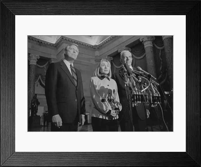 Framed Print : First Lady Hillary Rodham Clinton speaks at a press conference at the U.S. Capitol, Feb. 16, 1993. L-R: House Majority Leader Richard Gephardt, Mrs