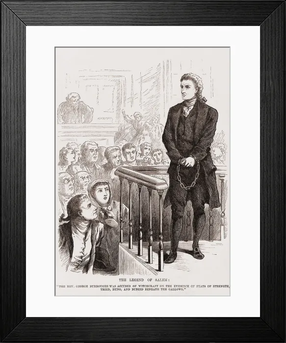 Framed Print : Salem Witch Trials. Puritan Rev. George Burroughs in chains during his trial for witchcraft
