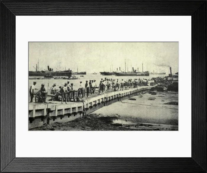 Framed Print : World War 1 in East Asia. Landing of the 23, 000 Japanese soldiers with 142 artillery pieces at Laoshan Bay, 18 miles east of the German colonial city of Tsingtao. Sept. 18, 1914