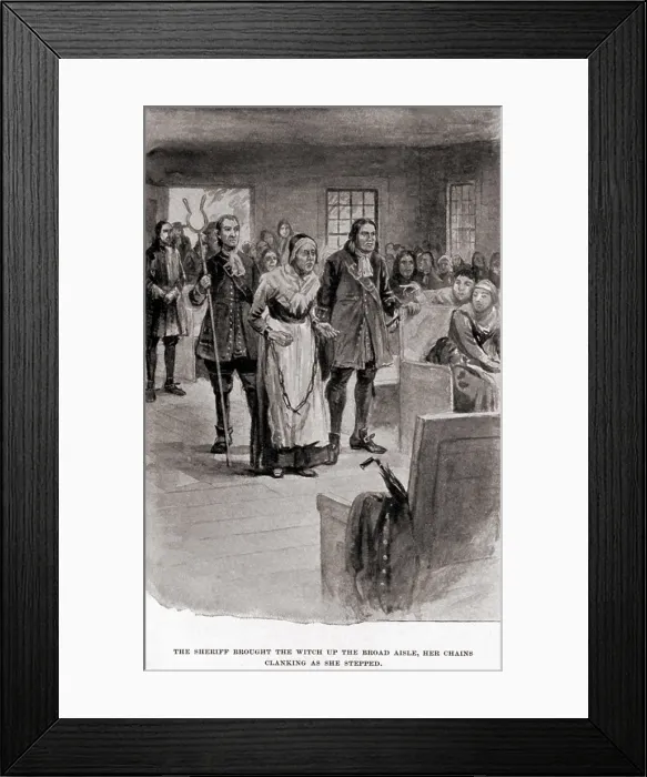 Framed Print : Salem Witch Trials. Elderly Rebecca Nurse in heavy chains after her conviction for witchcraft in June 1692