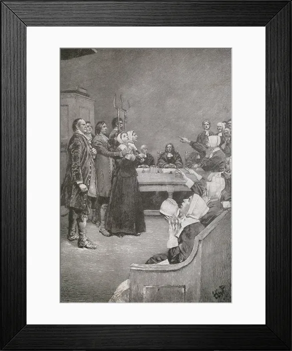 Framed Print : Salem Witch Trials. Two women stand on trial in 1682 with guards, as the accusing girls demonstrate their demonic afflictions