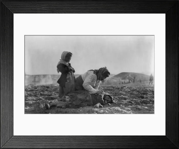 Framed Print : Armenian mother kneeling beside her dead child near Aleppo. 1915-20. Many deportees died when forced to cross the Syrian desert of Deir ez-Zor in the Euphrates Valley