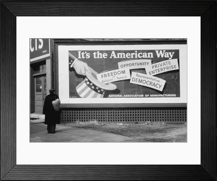 Framed Print : Corporate resistance to FDR's New Deal. National Association of Manufacturers sign praised US private enterprise and opposed Depression era government programs