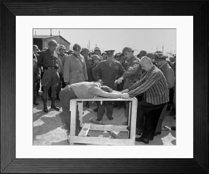 Framed Print : Inmates of Ohrdruf concentration camp demonstrate how they were tortured. Watching are Generals Eisenhower, Bradley, and Patton. April 12, 1945, Gotha, Germany, World War 2