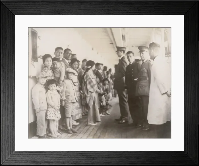 Framed Print : Immigration officials examining Japanese passengers aboard the ship Shimyo Maru, at Angel Island 1931. Immigration Act of 1924 severely restricted Japanese immigration to the U.S