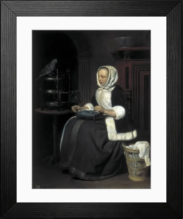 Framed Print : METSU, Gabriel (1629-1667). Young Girl at Work. ca. 1650. Flemish art. ; Baroque art. Oil on wood. RUSSIA. Moscow. Pushkin Museum of Fine Arts
