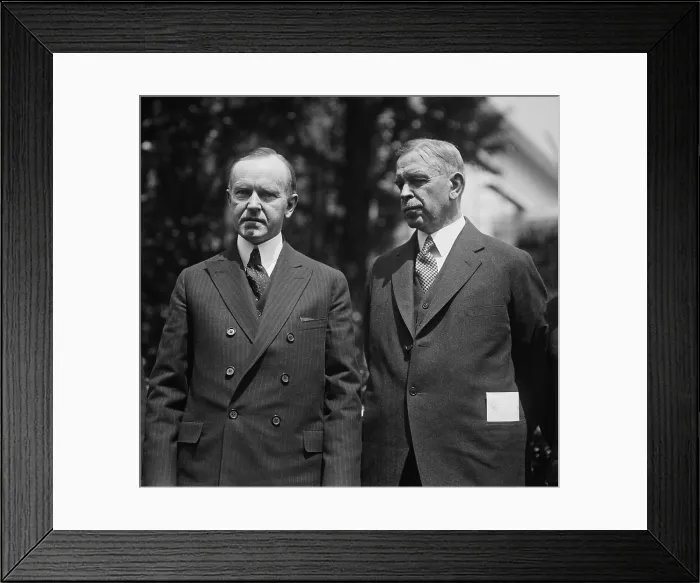 Framed Print : President Calvin Coolidge with Hubert Work, Secretary of the Interior. Work replaced the corrupt Albert Fall in March 1923 and served until the end of Coolidge's presidency Framed Print : President Calvin Coolidge with Hubert Work, Secretary of the Interior. Work replaced the corrupt Albert Fall in March 1923 and served until the end of Coolidge's presidency
