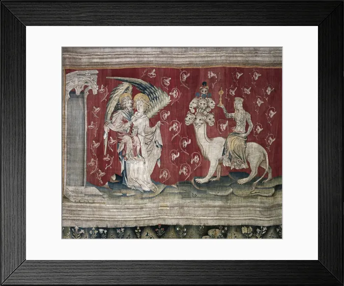 Framed Print : BATAILLE, Nicolas (14th c.). The Whore Riding the Beast. 1375-1382. Piece no. 65 from 'The Apocalypse of Angers', commissioned by Louis I, Duke of Anjou. Gothic art