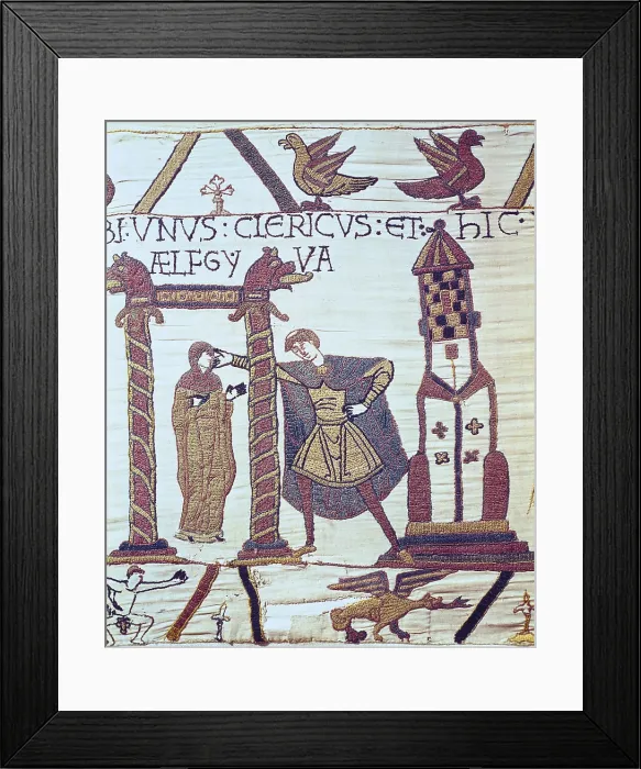 Framed Print : Bayeux Tapestry. 1066-1077. Tapestry divided in scenes that relate the conquest of England by the Normands (1066). Detail of the daughter of William presented to Harold