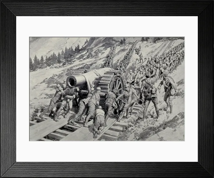 Framed Print : World War 1 in the Italian and Austria Alps. Italian soldiers hauling a monster gun up the Alpine slope in the winter campaign 1915-16. (BSLOC_2013_1_31) Framed Print : World War 1 in the Italian and Austria Alps. Italian soldiers hauling a monster gun up the Alpine slope in the winter campaign 1915-16. (BSLOC_2013_1_31)