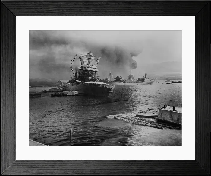 Framed Print : USS California lists after aerial blows taken during the Japanese attack on Pearl Harbor Framed Print : USS California lists after aerial blows taken during the Japanese attack on Pearl Harbor